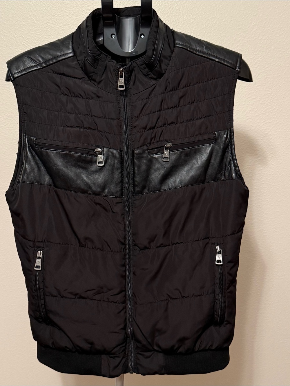 Men's Black Quilted Vest with Faux Leather Accents